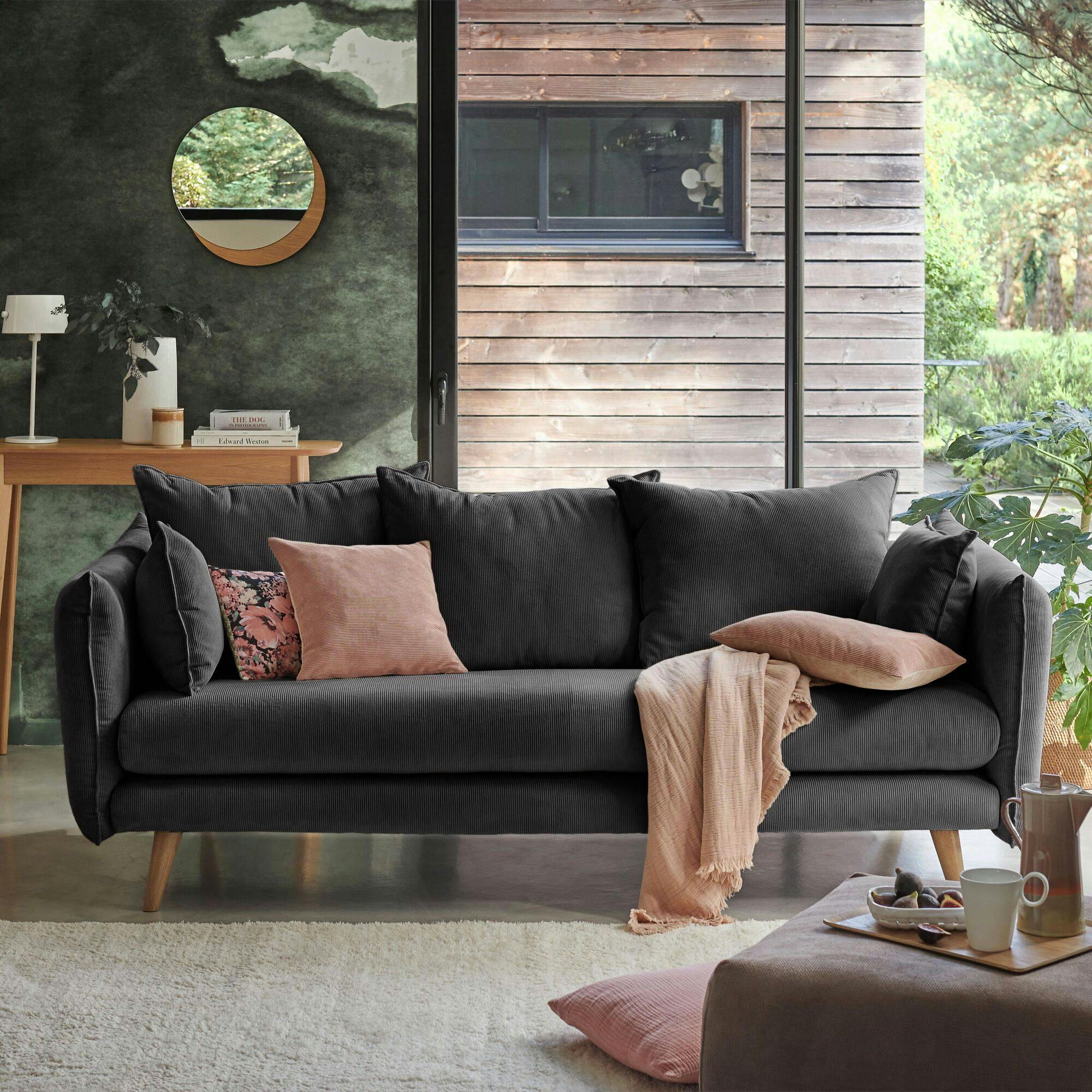 ORION - Canapé velours côtelé Anthracite 2 places