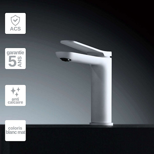 Mitigeur de Lavabo Anti-Calcaire Bec Bas Blanc Mat IMEX DINAMARCABDR031-1BL