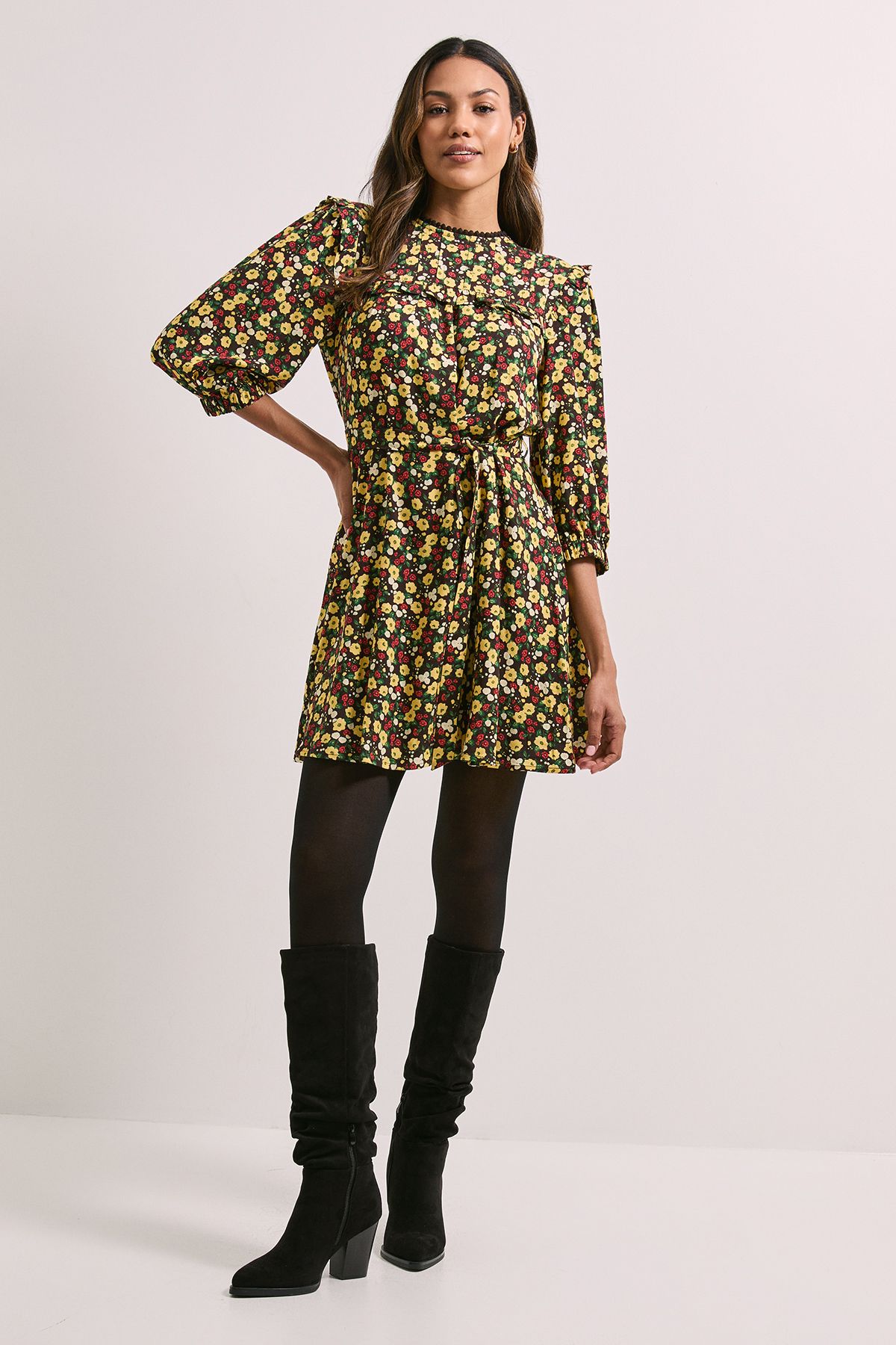 Dorothy Perkins Tie Waist Yoke Frill Detail Printed Belted Mini Dress