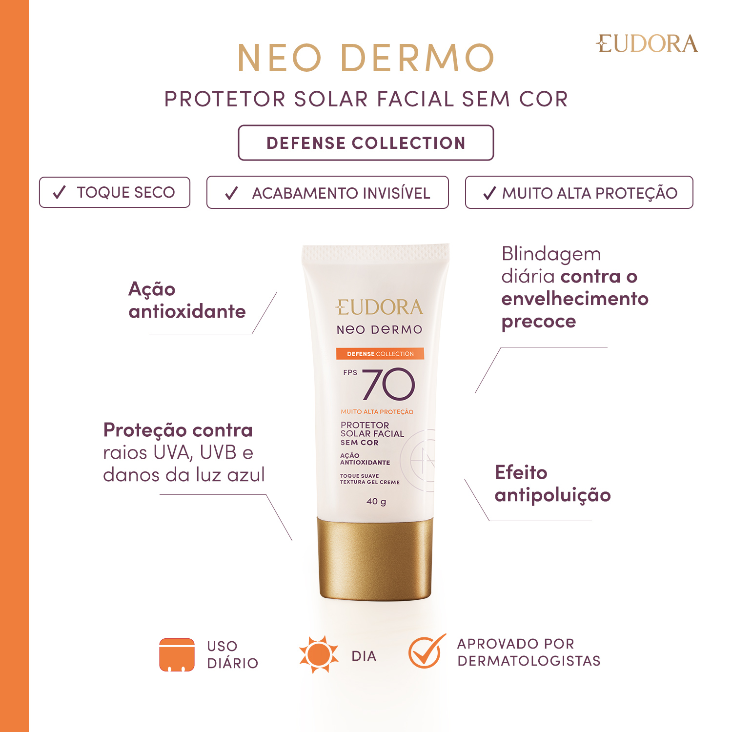 Protetor Solar Facial Sem Cor Neo Dermo Defense Collection FPS 70 40g