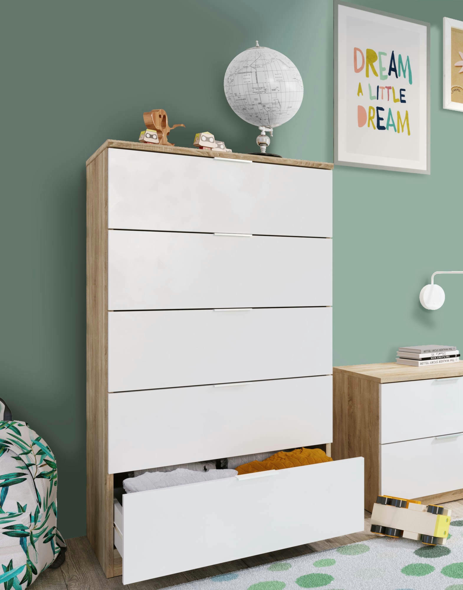 DHVALI - Commode 5 tiroirs effet chêne et bois blanc
