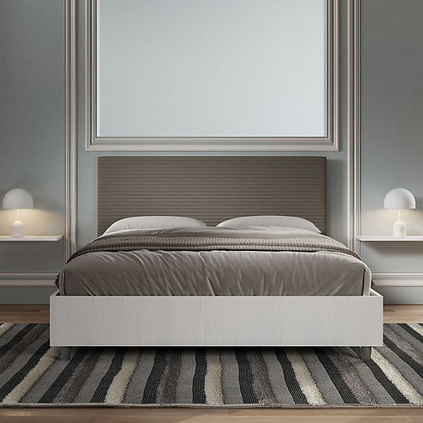 Lit coffre 160x200 structure frêne blanc avec tête de lit mélamine/simili cuir cappuccino Level
