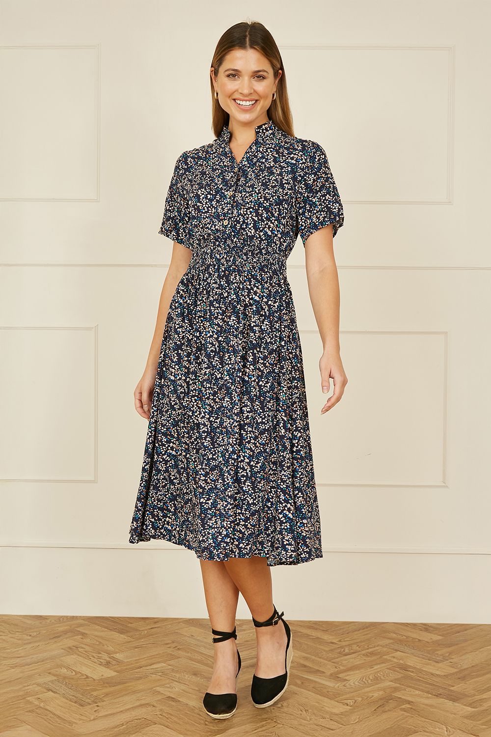 Yumi Yumi Navy Ditsy Print Ruched Waist Button Down Midi Dress