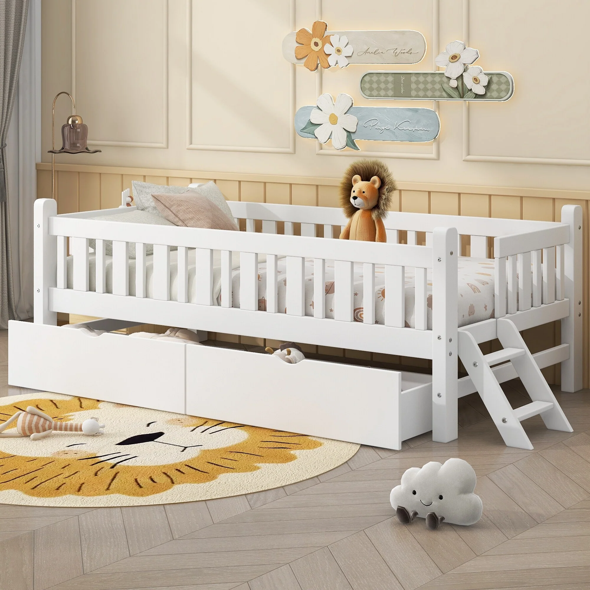 Twin Size Platform Bed for Kids with Partial Guardrail and 2 Pull-Out Storage Drawers, Low Profile Wooden Frame