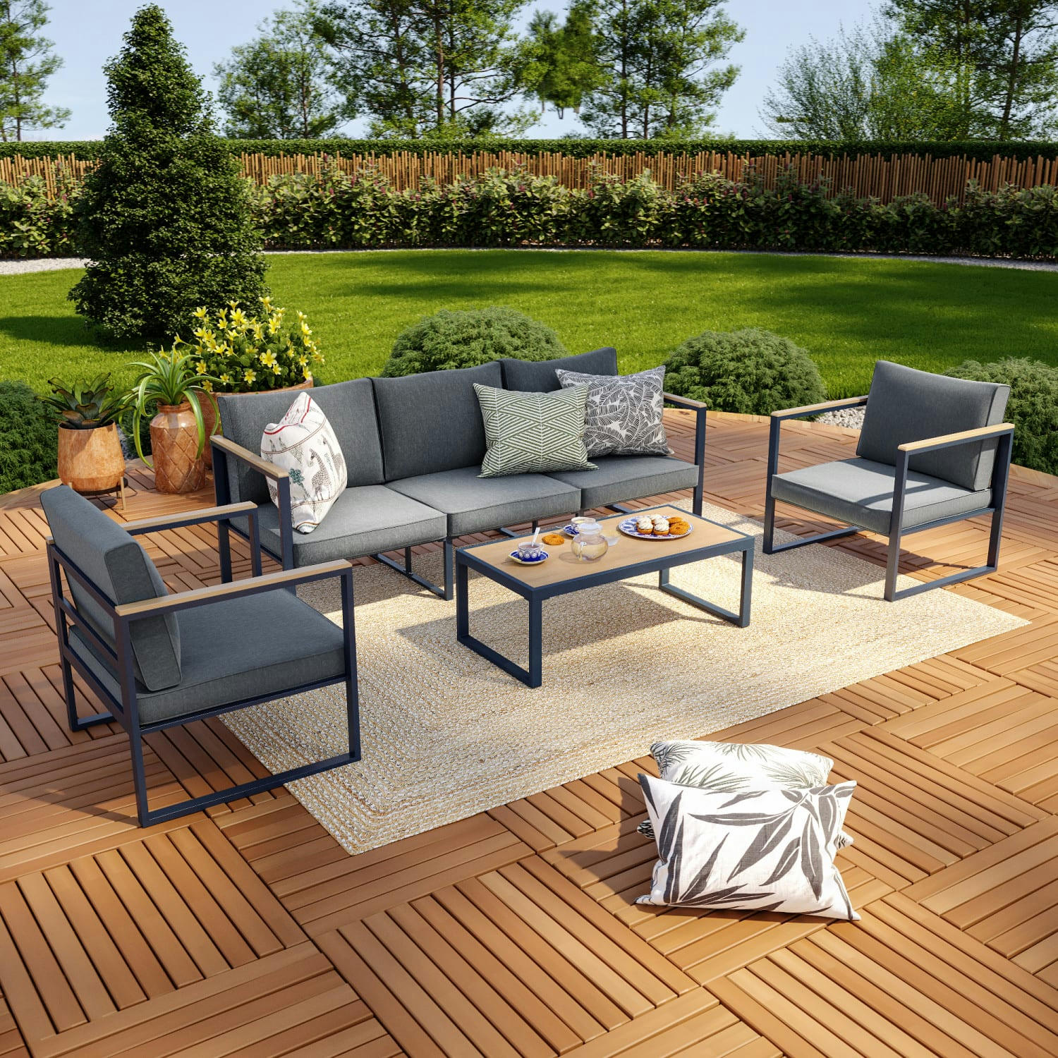 VINCENNES - Salon de jardin en aluminium et polywood gris antracite 5 places