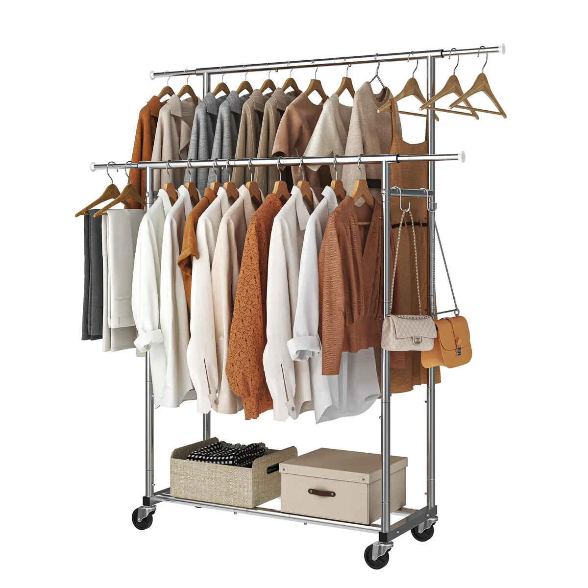 Double Rod Clothing Garment Rack, Rolling Clothes Organizer on Wheels for Hanging Clothes,with 4 hooks, Chrome