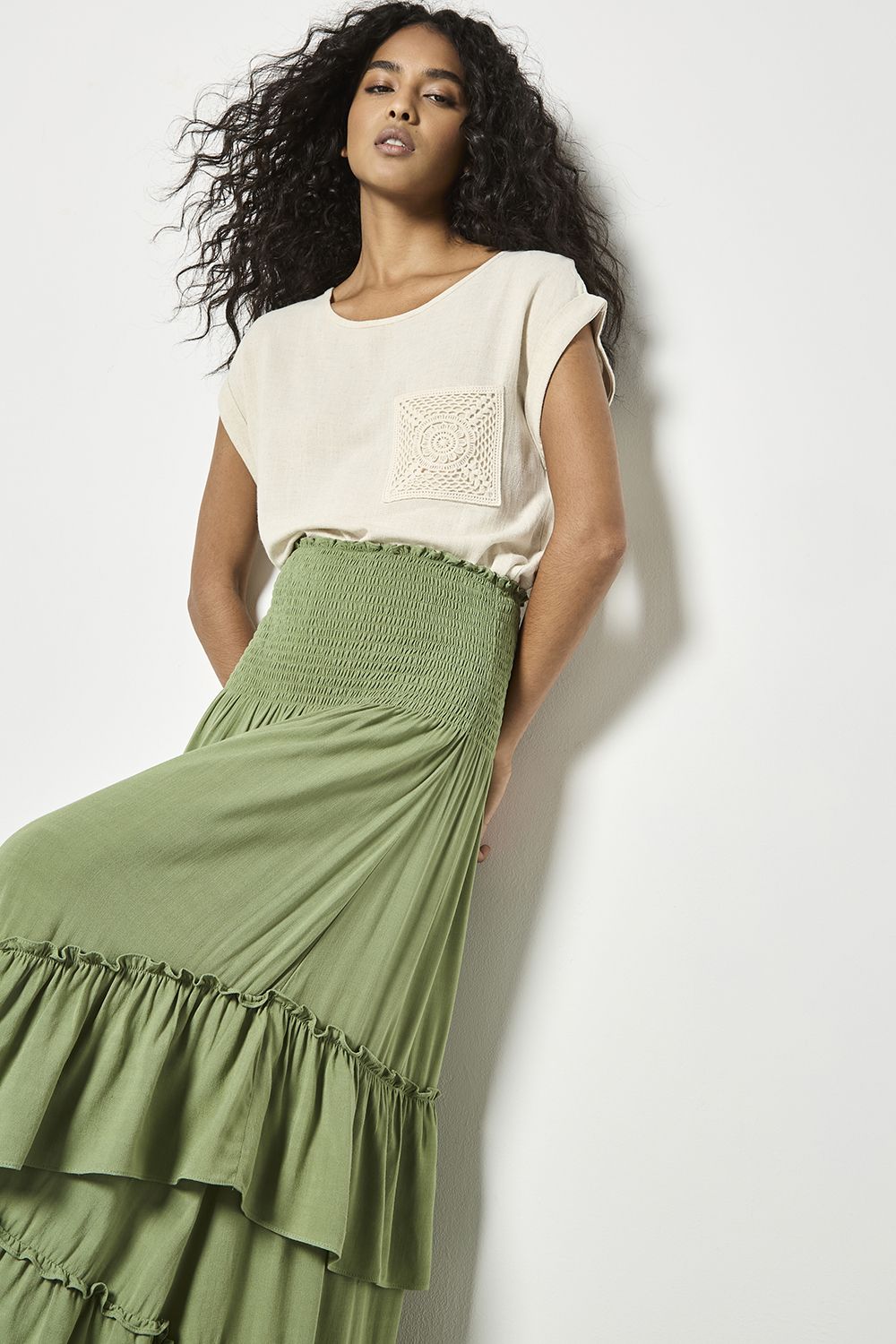 Apricot Smocked Bandeau Midi Dress