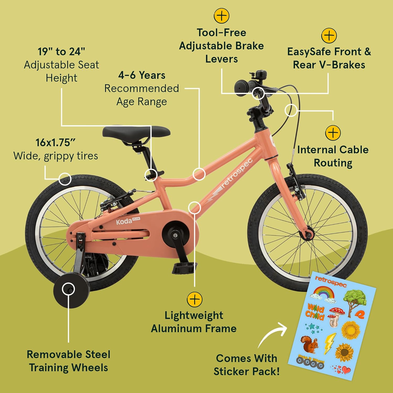 Retrospec Koda Plus Kids Bike for Boys & Girls Ages 4-6 Years - 16 Children's Bicycle, Adjustable Seat & Handlebars