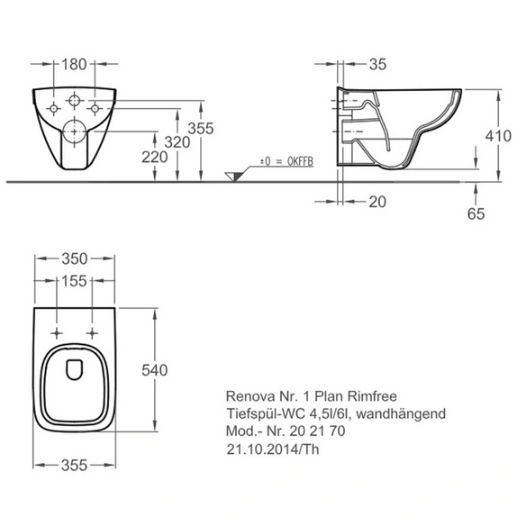 Wand WC »Renova Plan«, Tiefspüler, weiß, spülrandlos