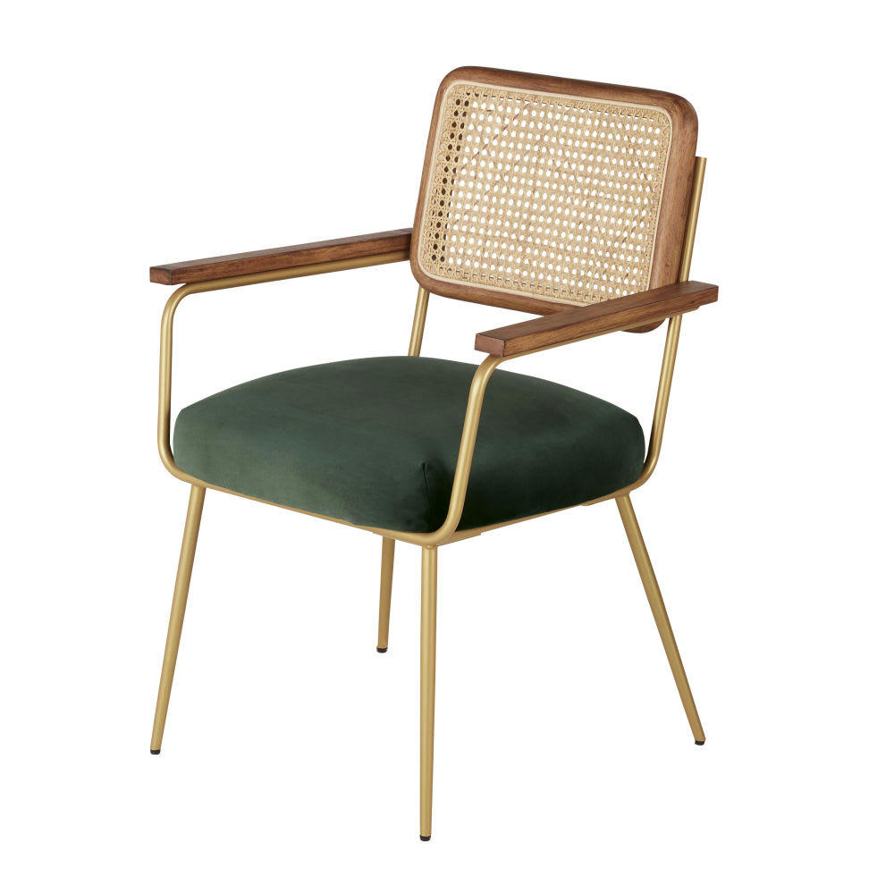 Rosalie - Fauteuil de table en velours vert et cannage en rotin