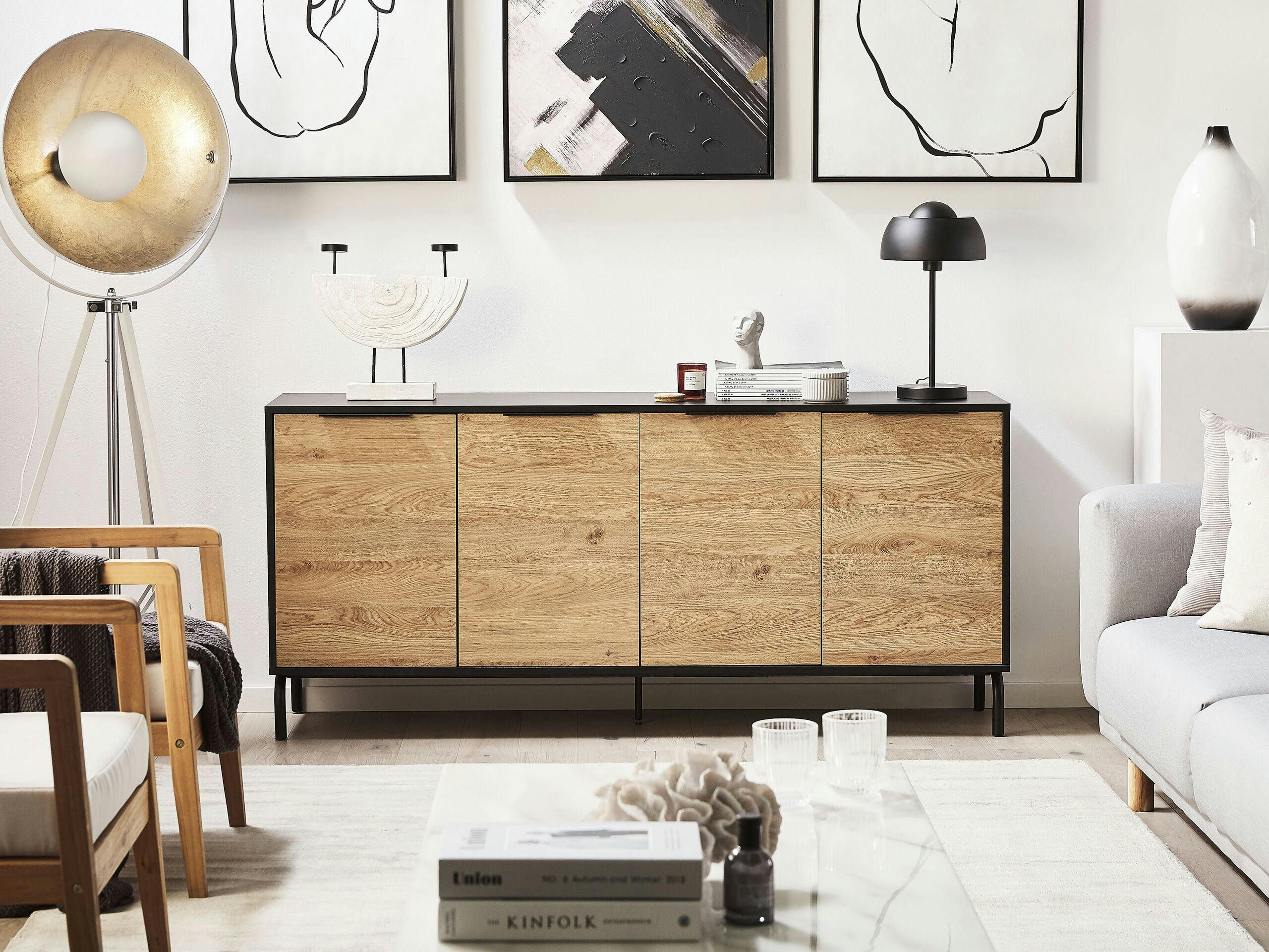 ARKLEY - Commode noire effet bois clair 4 portes