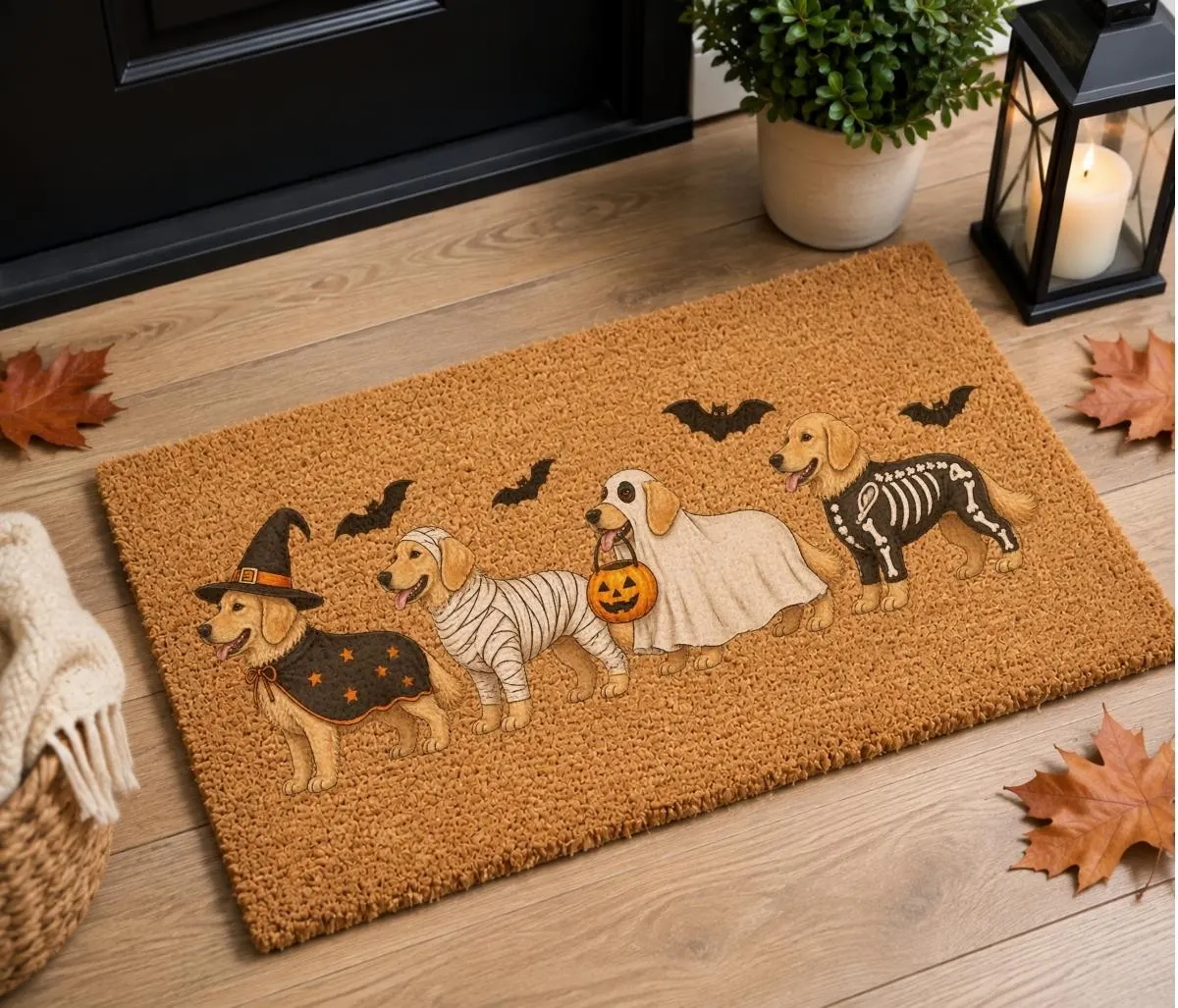 Halloween Golden Dog Doormat, Golden Dog Coir Welcome Mat, Fall Front Porch Decor, Funny Fall Porch Decor, Dog Lover Gift