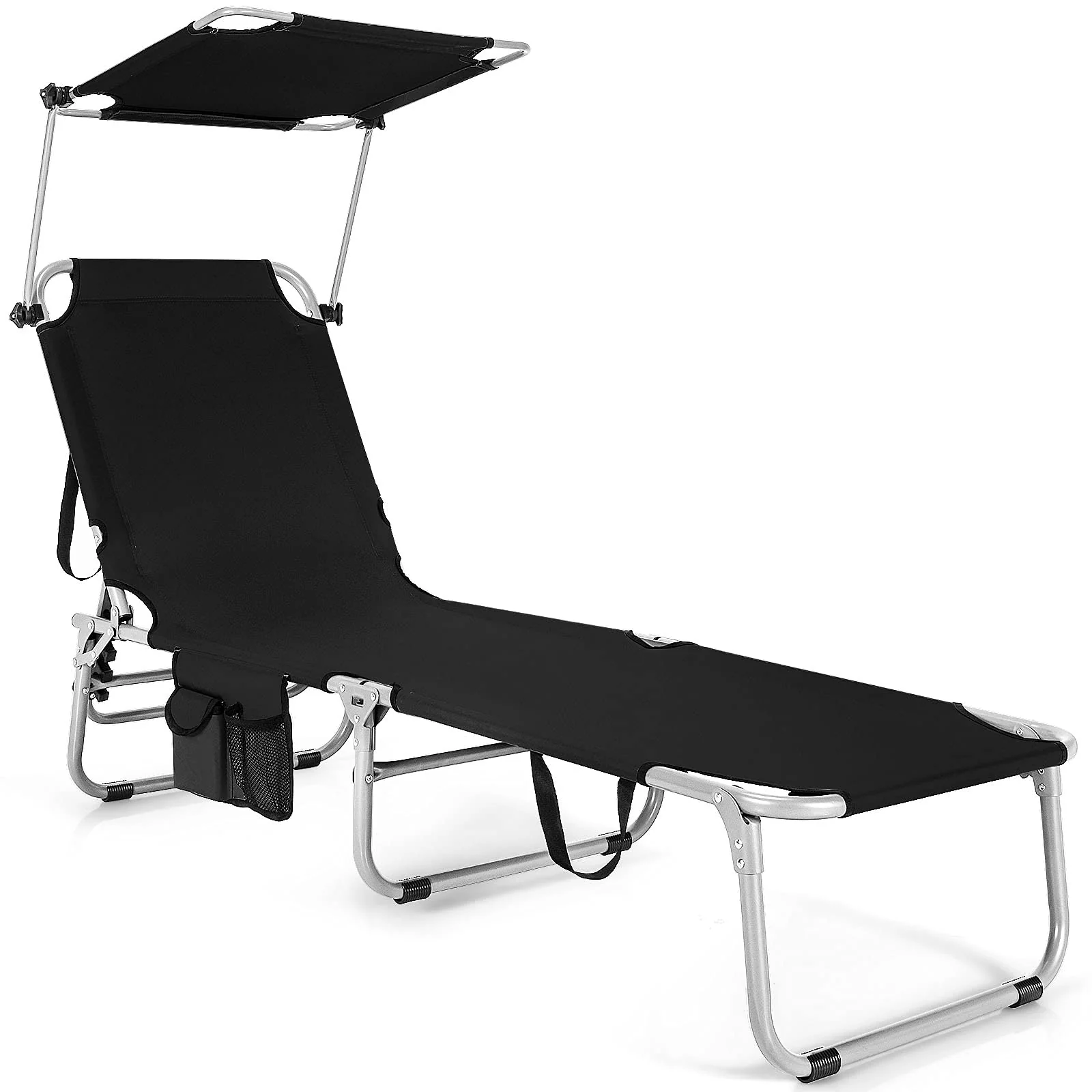 Folding Lounge Chair w/Shade Canopy and Storage Pocket(Black/1)