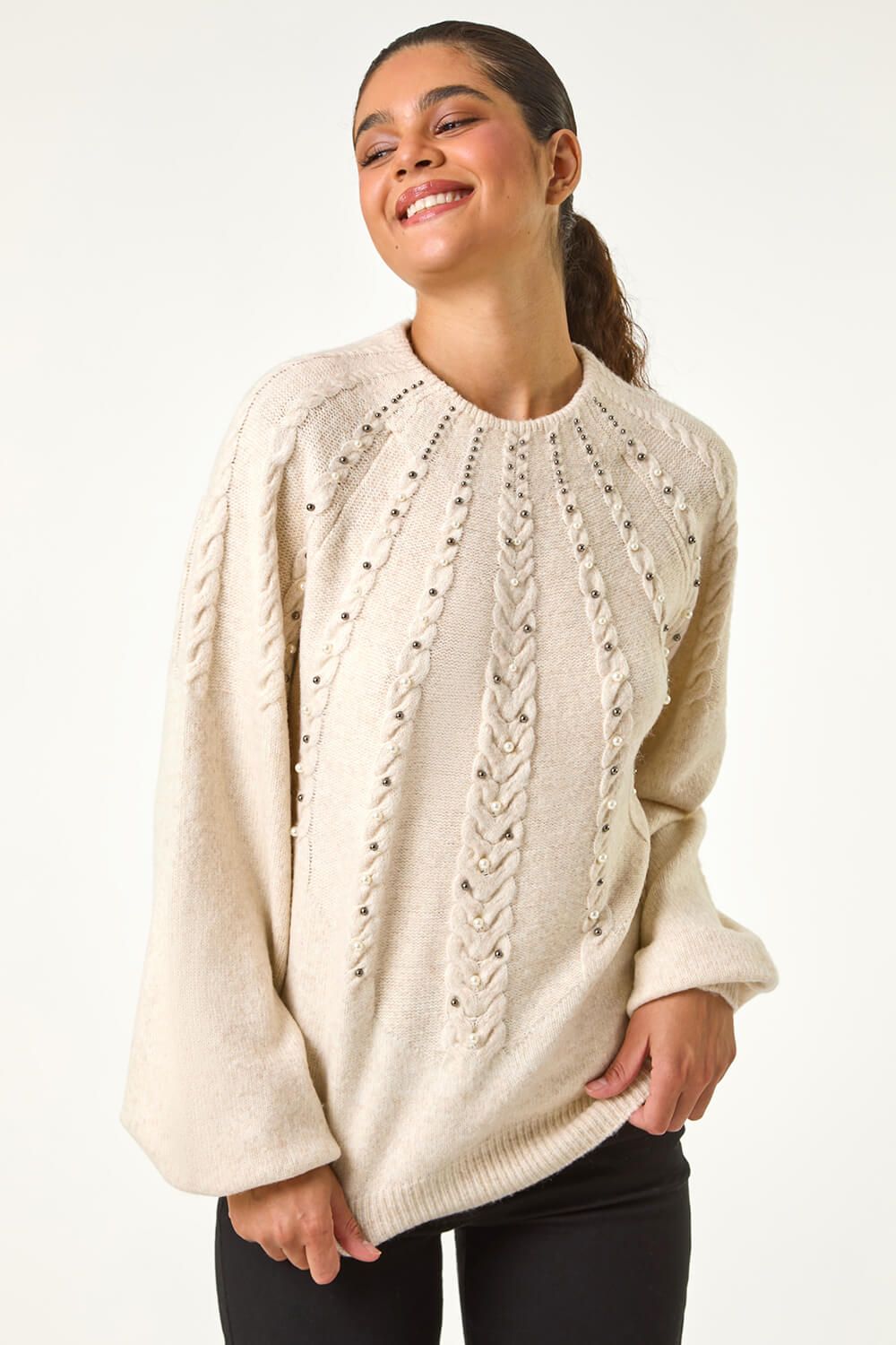 Roman Faux Pearl Cable Knit Jumper