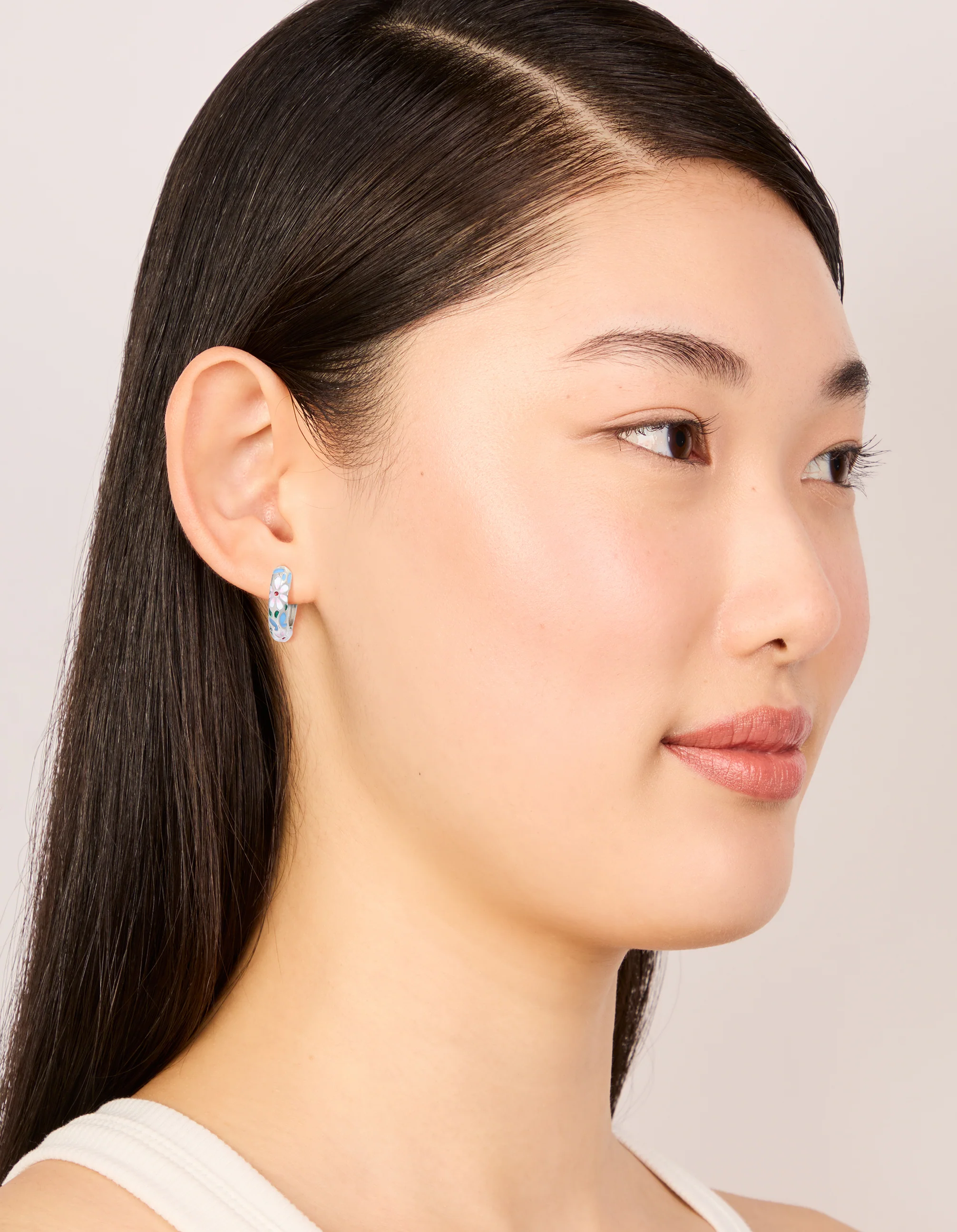 Silver Blue & Pink Enamel Flower Design Hoop Earrings