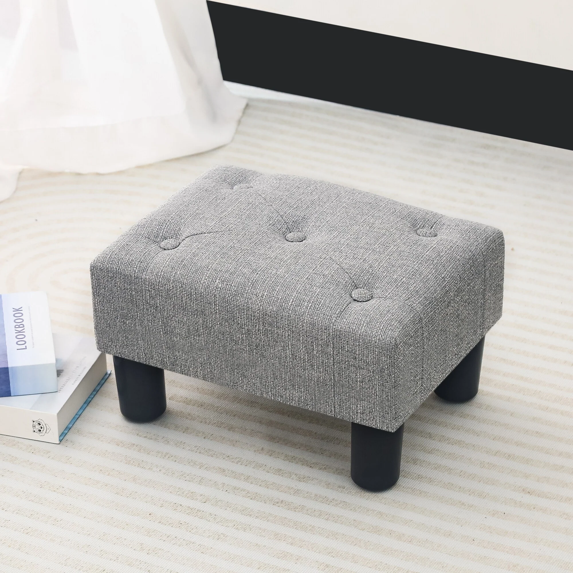 Adeco Button Tufted Linen Foot Stool Rectangular Small Ottoman