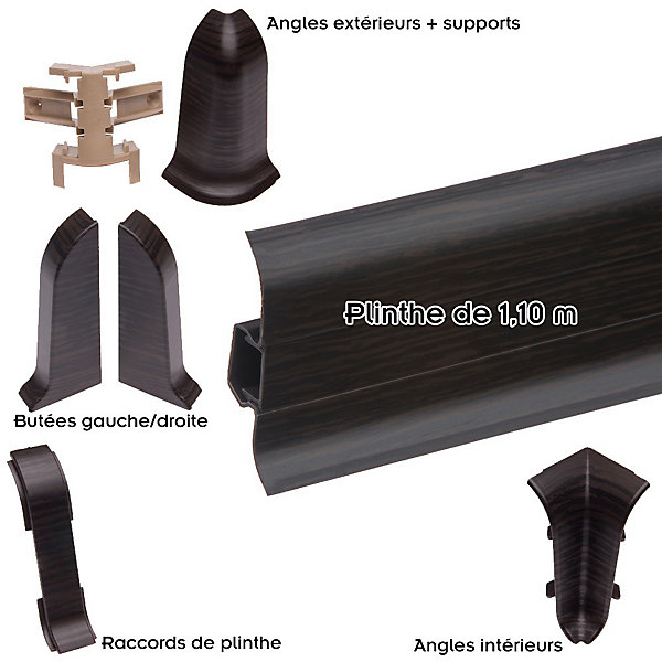 Lot de 50 Plinthes goulotte passe-câble PVC 59 mm - 1,10 m avec angles, raccords et butées Wenge noir