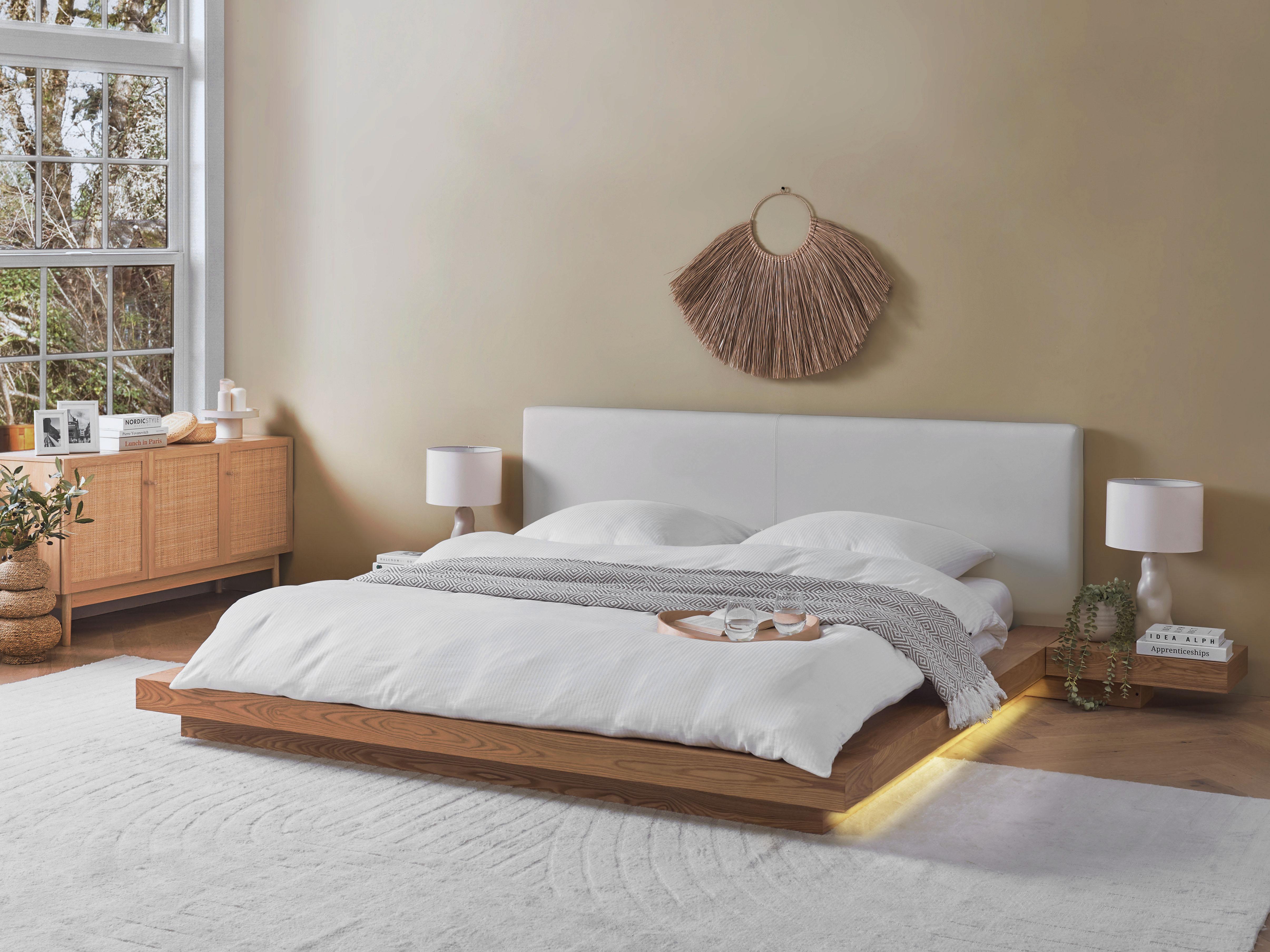 Bed with LED Faux Leather ZEN 180 x 200 cm (EU Super King) Natural Ash Wood