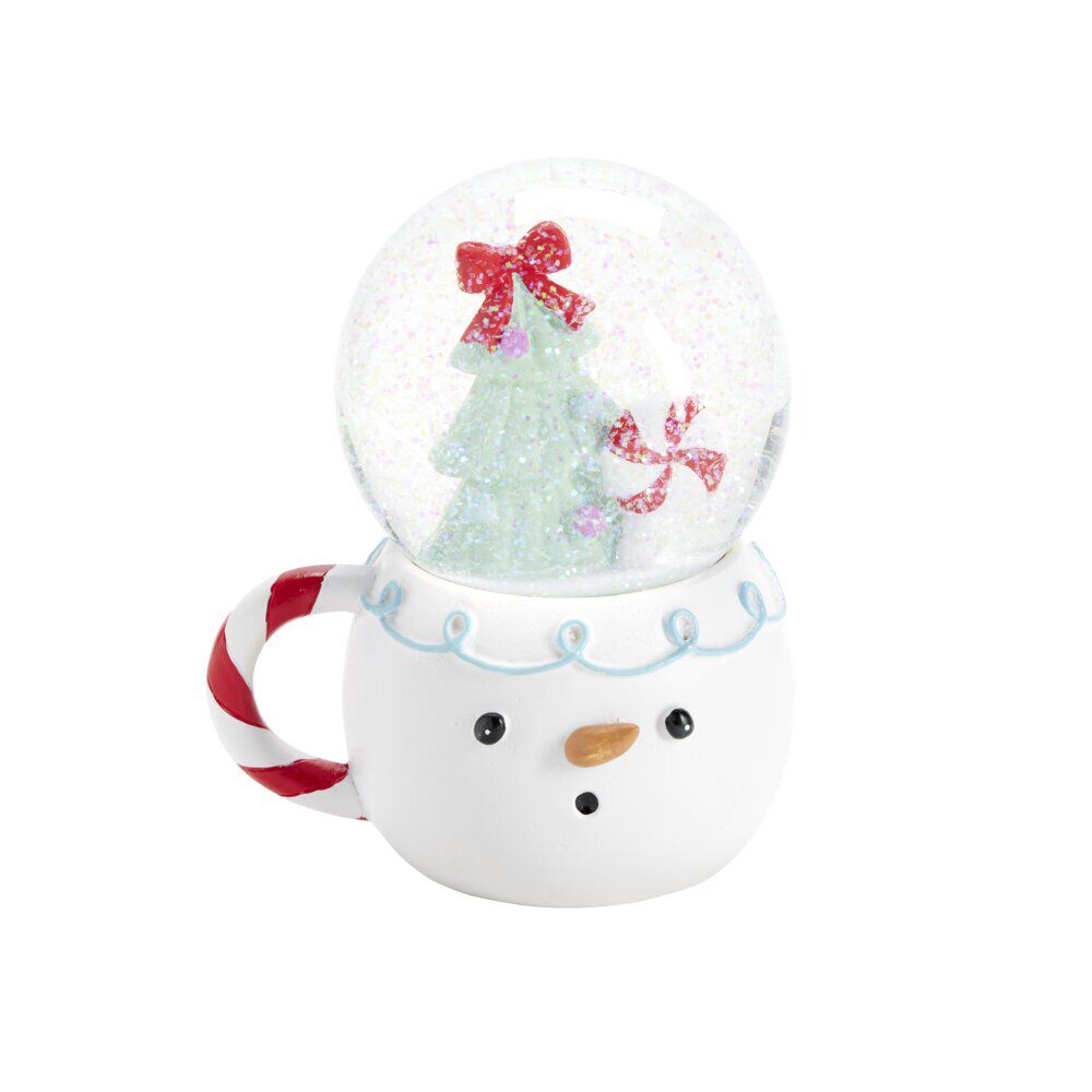 Boule à neige No&euml;l sapin intérieur sur socle forme tasse H17cm (2 modèles)