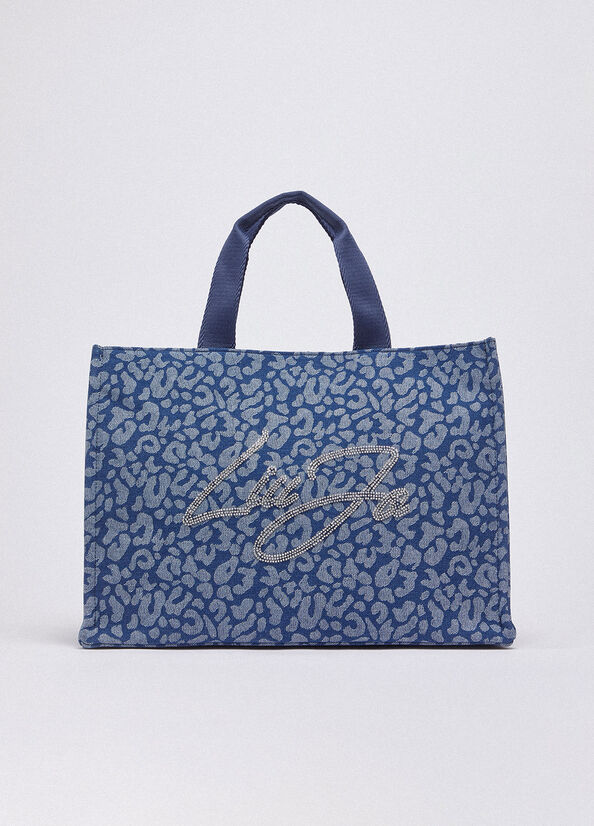 Tote bag grande in denim animalier