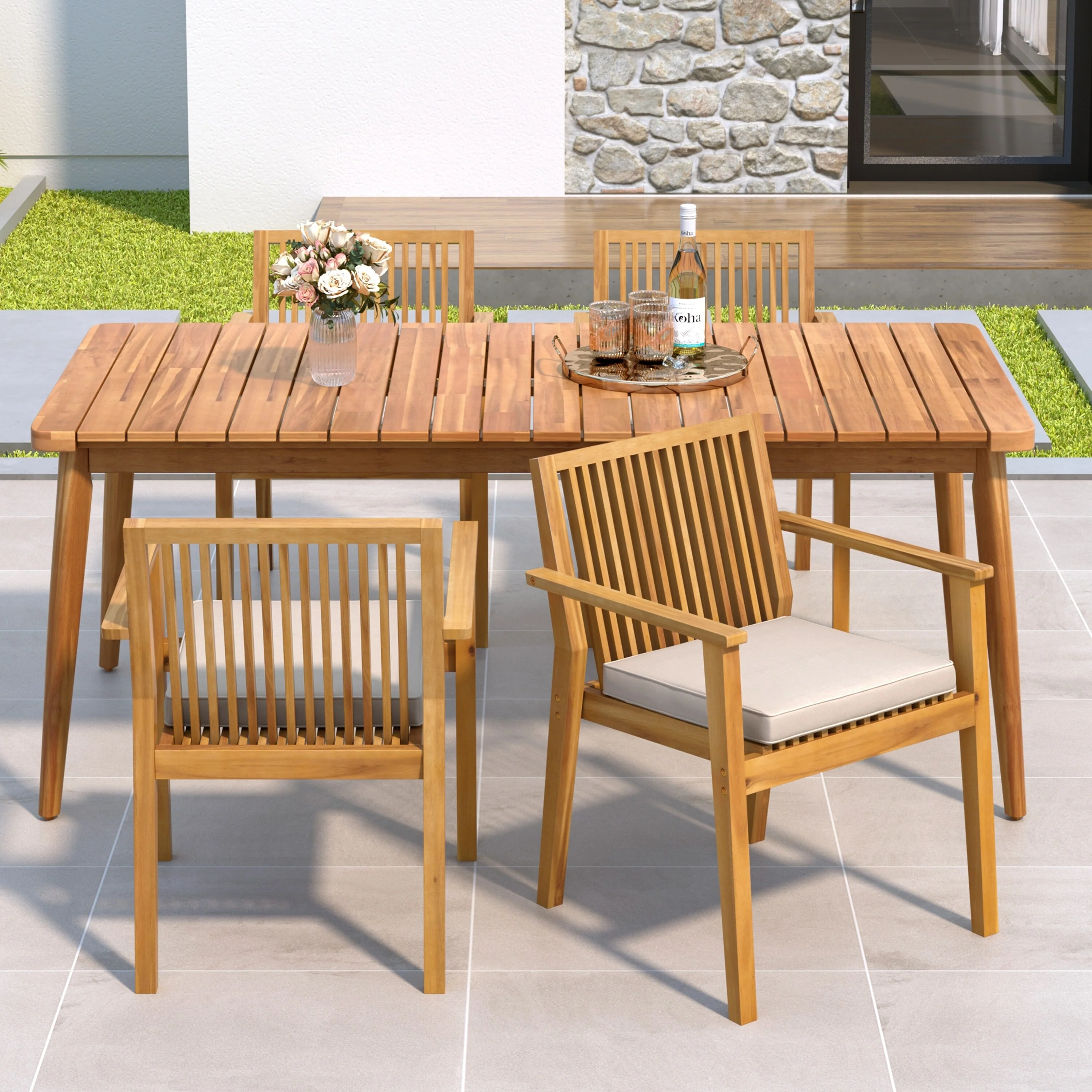 5-Piece Acacia Wood Outdoor Dining Set, Patio Table & Chairs with Removable Cushions, Slatted Tabletop for Garden Backyard