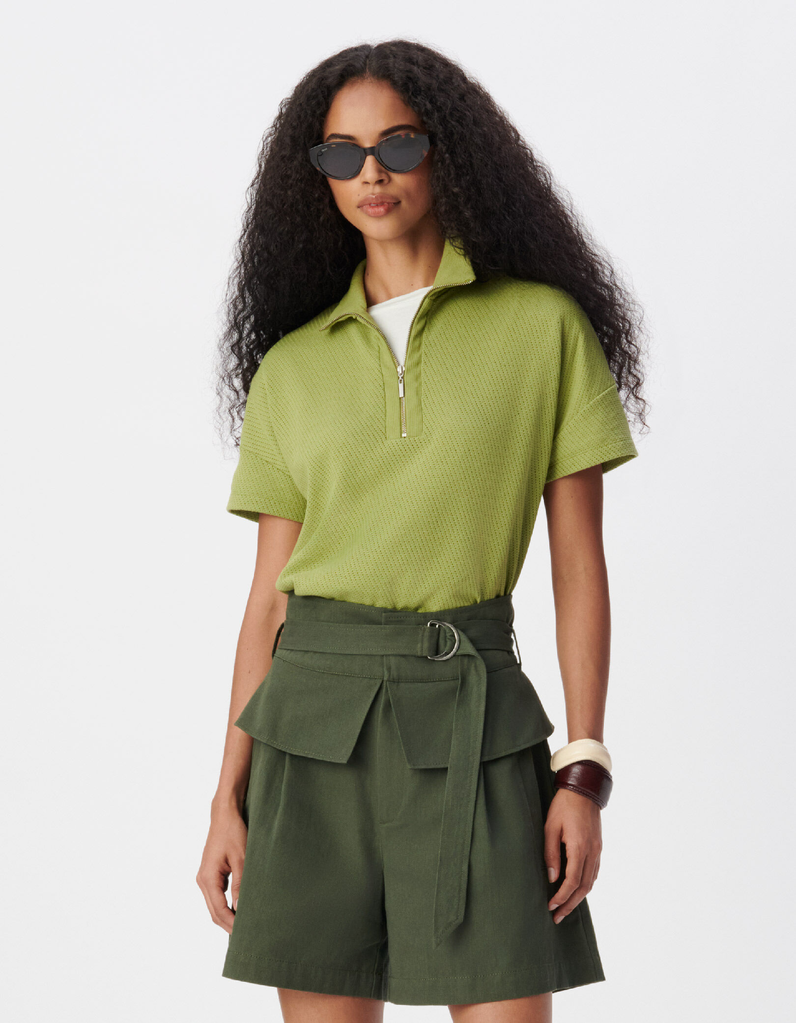 Tee-shirt col zippé vert maille fantaisie Femme