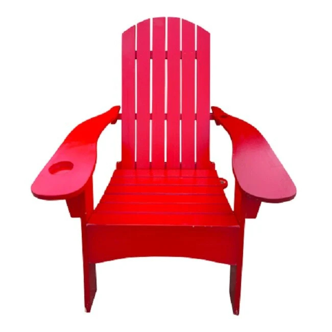 Outdoor or indoor Wood Reclining Adirondack chair with an hole to hold umbrella on the arm ,red
