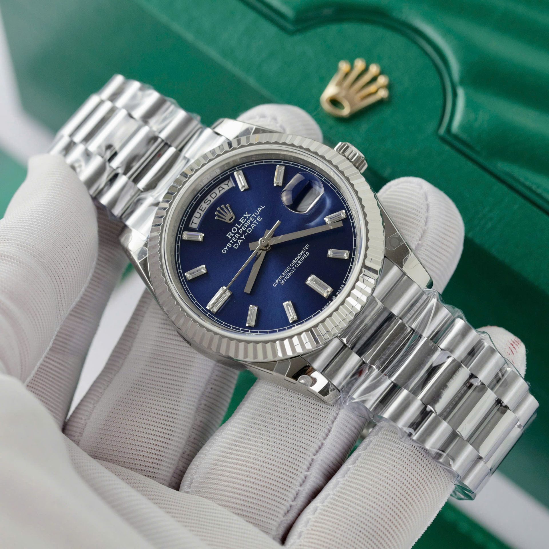 Rolex Day-Date 228236 904L Steel Blue Dial CZ Diamonds 40mm Super Clone