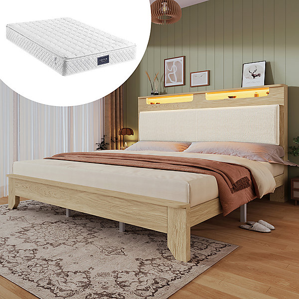 Lit double 160x200cm en chêne clair, têtière rangement LED, dossier velours beige, cadre lattes bois avec matelas