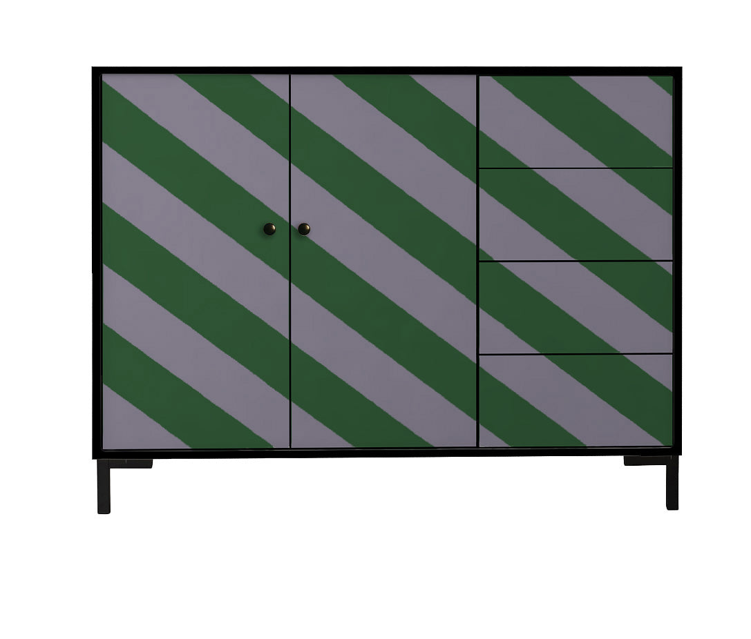 Laag dressoir van MDF met diagonaal streeppatroon in groen- en grijstinten