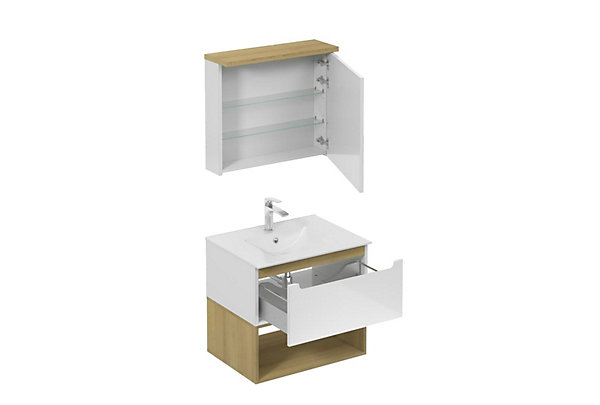 Ensemble de salle de bain avec lavabo comprenant robinet de lavabo, bec et siphon Naturel Stilla blanc brillant (KSETSTILLA007)