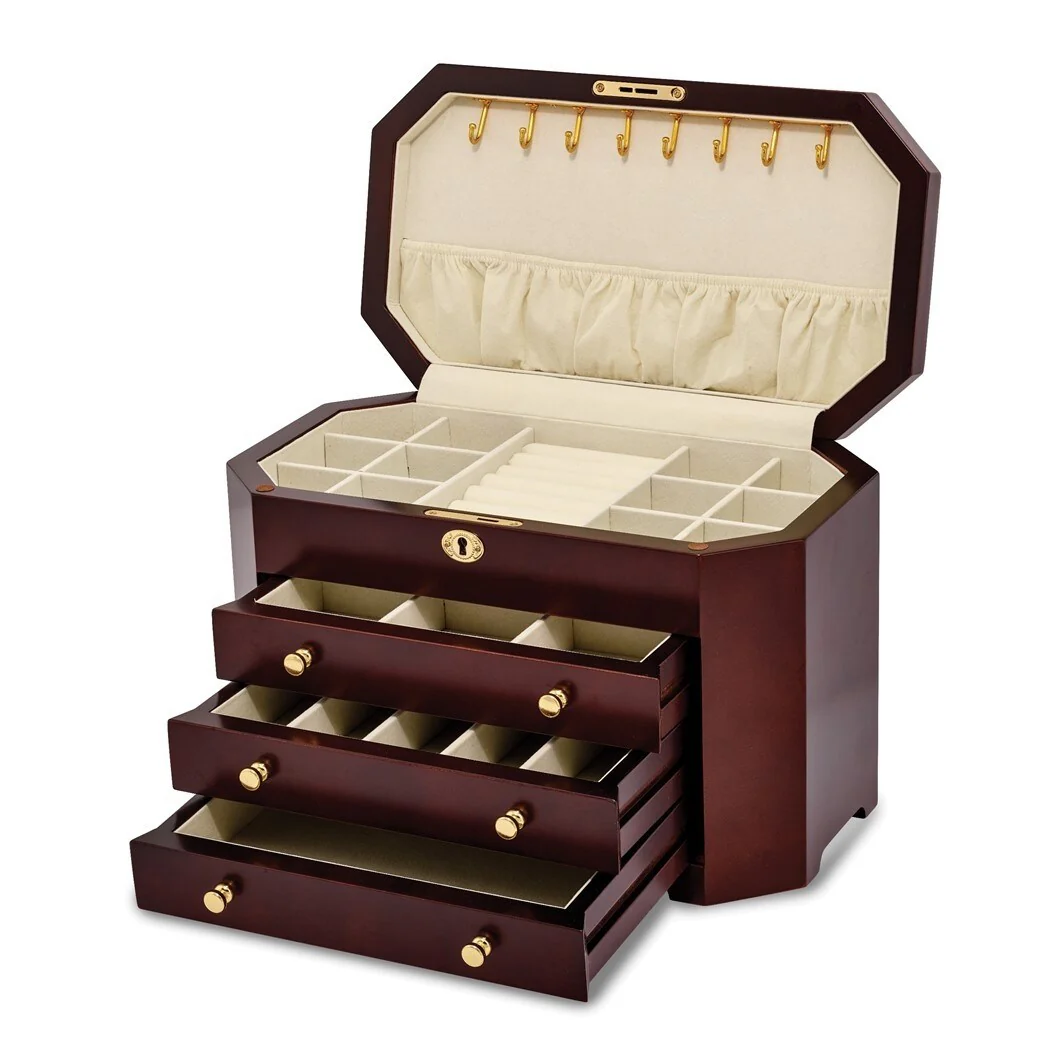 Curata Luxury Giftware Matte Mahogany Veneer 3-Drawer Locking Wooden Jewelry Box