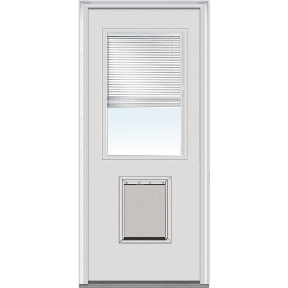 National Door Company Steel Exterior Door, Primed, 1/2 Lite with Clear Glass Internal Blinds & Pet Door, Right Hand Inswing, 32测x80测