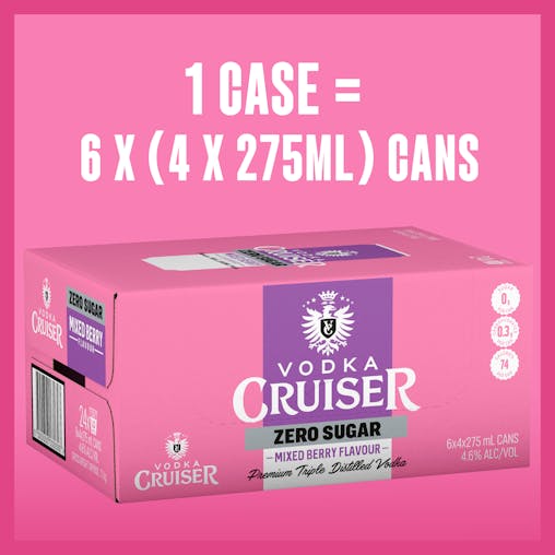 Vodka Cruiser Sugar Free Mixed Berry, Refreshing Flavoured Pre-Mixed Vodka Drink, 4.6% ABV, 275mL (Case of 24 Cans)