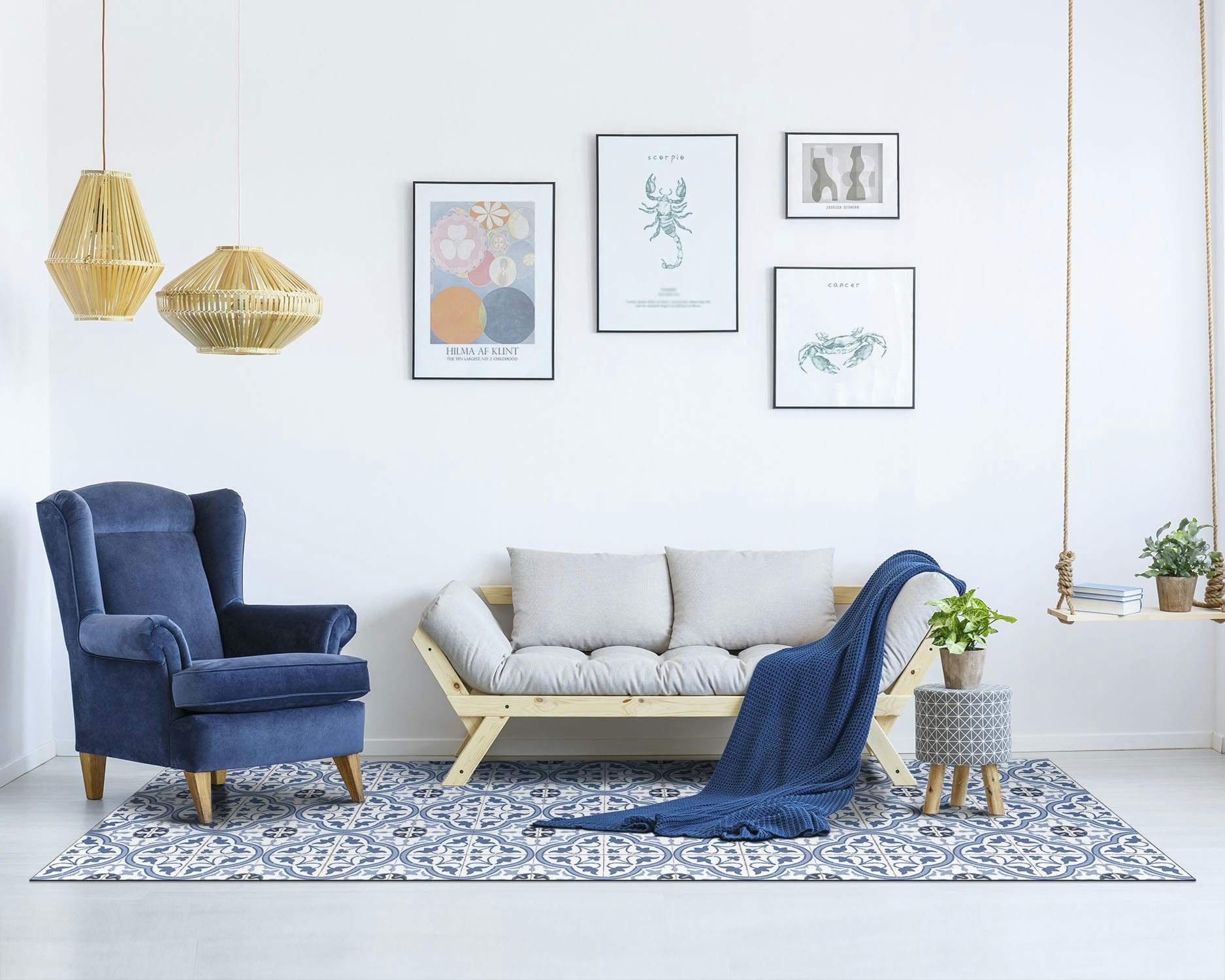 - Tapis vinyle carreaux ciments fleur bleu 80x300cm