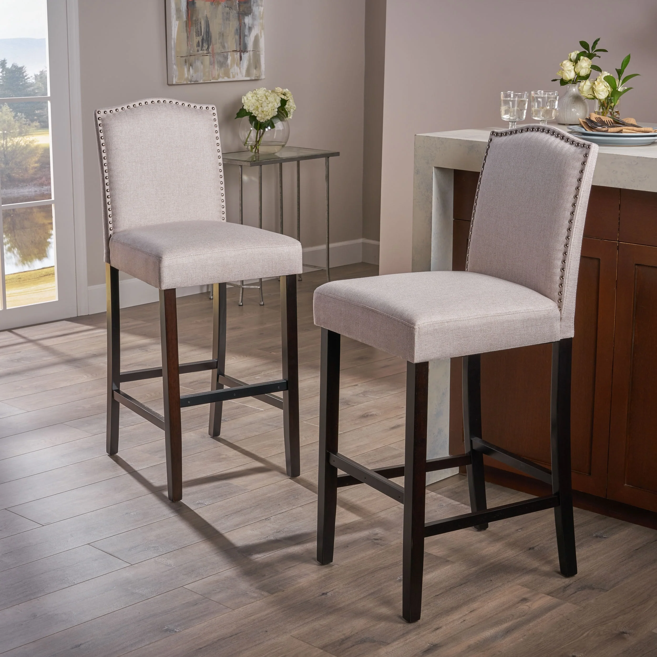 Darren Contemporary Upholstered Barstools with Nailhead Trim (Set of 2) by Christopher Knight Home