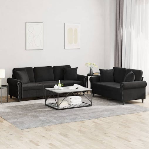 NNEVL 2 Piece Sofa Set with Pillows Black Velvet