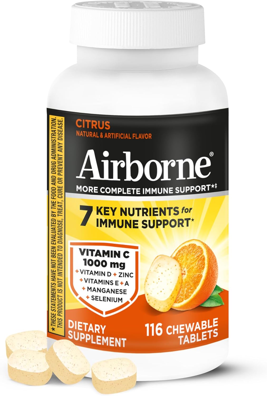 Airborne 1000mg Vitamin C + Zinc Immune Support Supplement Chewable Tablets, Citrus Flavor with Powerful Antioxidants Vitamins A C & E, 116 Chewable Tablets