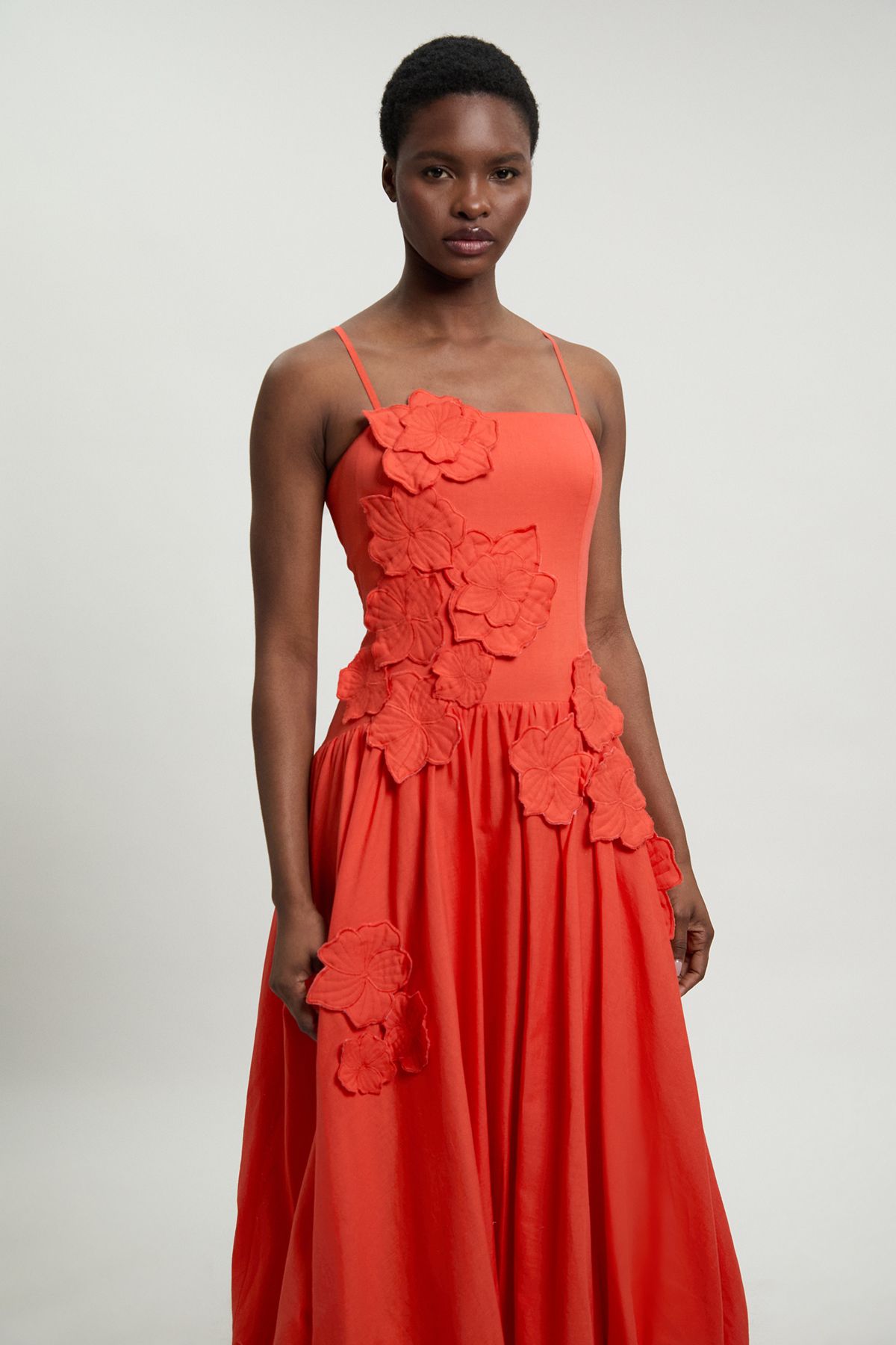 KarenMillen Cotton Linen 3D Floral Bubble Hem Midi Dress