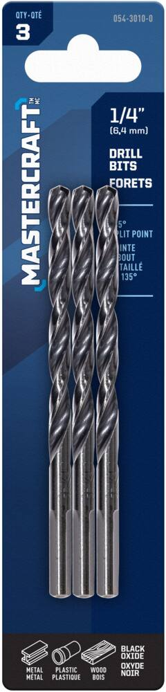 Mastercraft 1/4-in HSS Drill Bit for Wood, Metal, Plastic, 3-pk