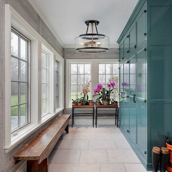3 - Light Industrial-style Black Lantern Glass Semi Flush Mount