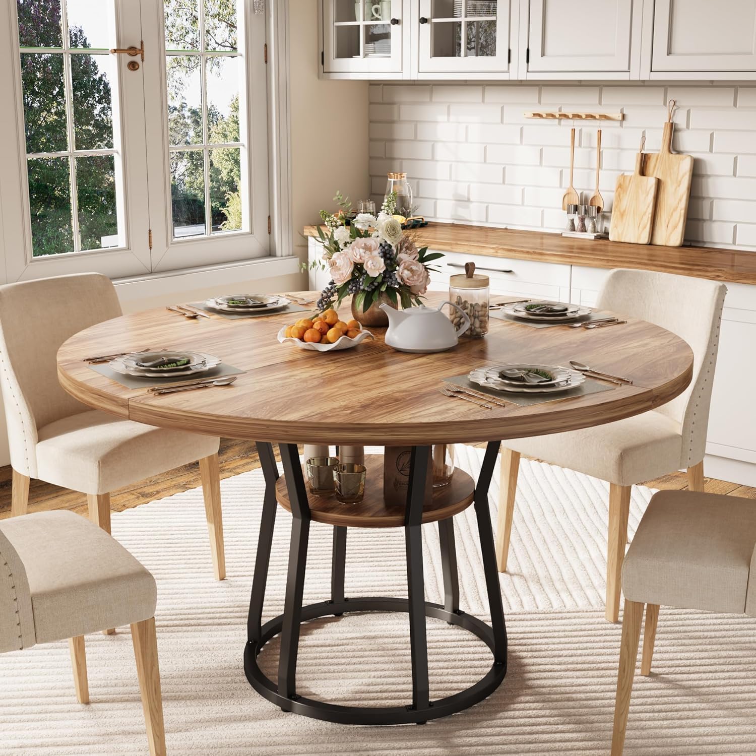 GarveeHome 47 Inch Round Dining Table with Storage Shelf, Farmhouse Circle Kitchen Table for 4-6, Space-Saving Wood Top, Metal Legs, for Kitchen, Dining & Living Room, Apartment, Table Only-Brown
