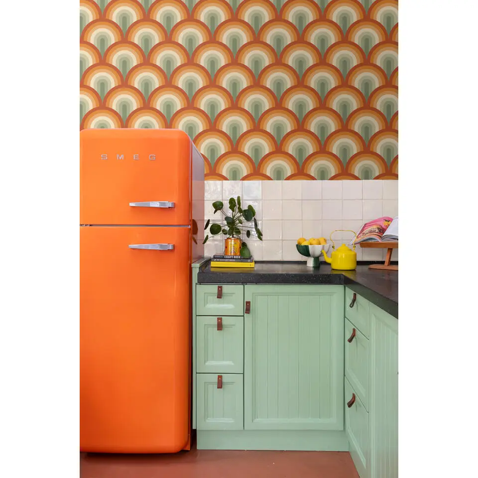 ESTAhome behang art deco bogen groen en oranje - 50 x 900 cm