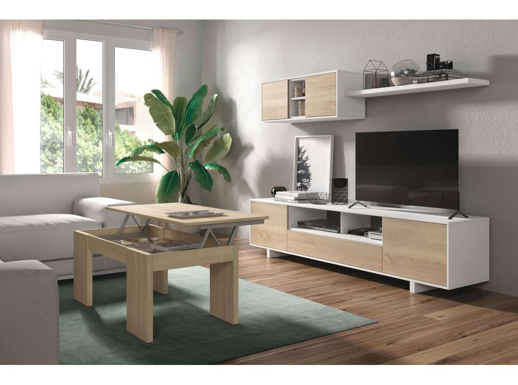HUGO - Meuble TV blanc/bois 3 portes et 1 niche avec étagère murale L200cm