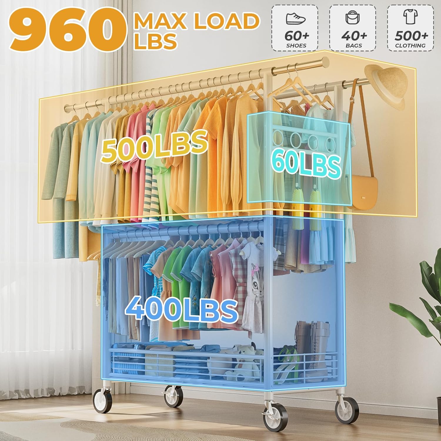 Heavy Duty Clothes Rack Load 960LBS, Three Rods Rolling Clothing Racks for Hanging Clothes, Rolling Garment Rack With Sturdy Wheels Shelves Hooks, Portable & Adjustable Commercial Garment Rack, White