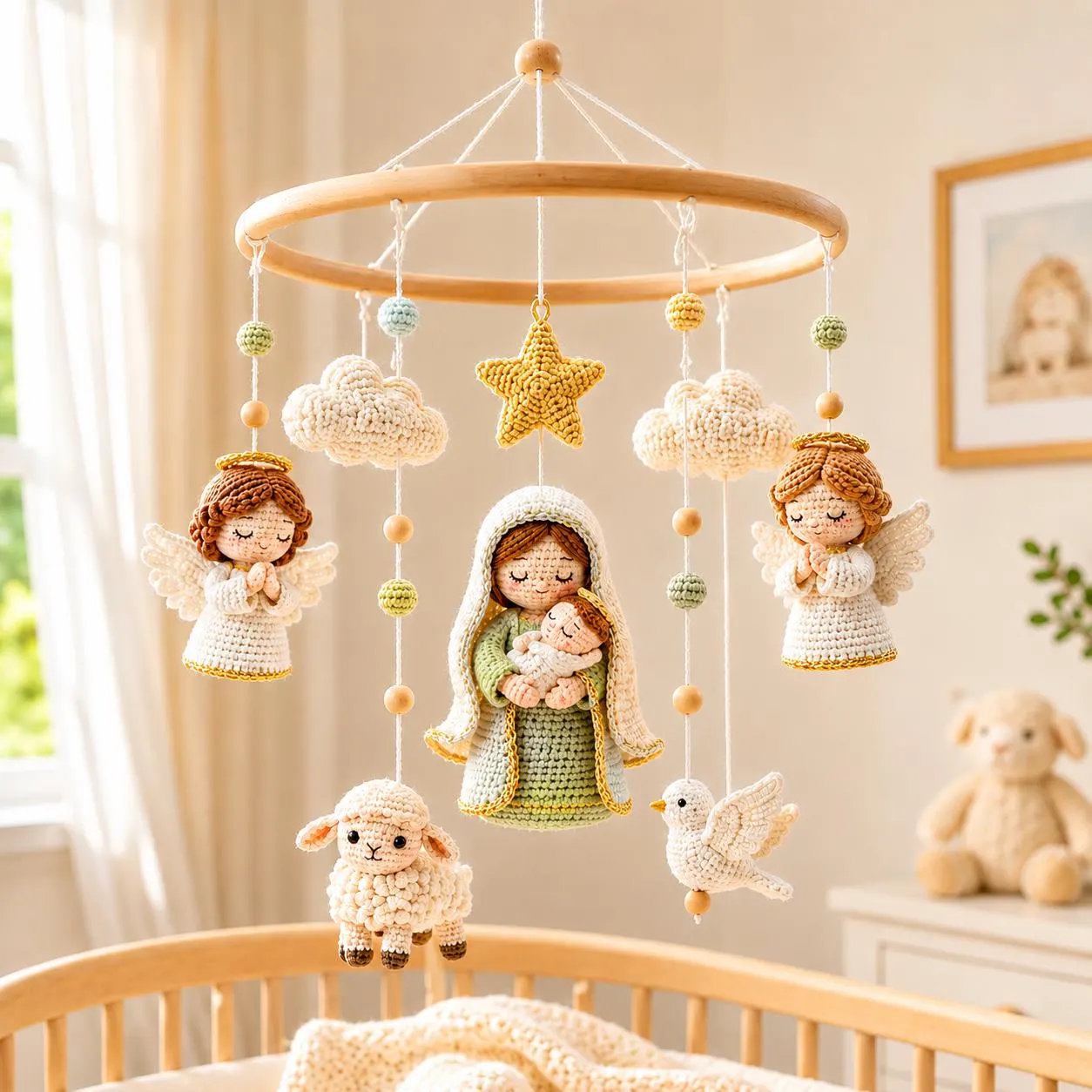 Crochet Nativity Baby Mobile, Christian Nursery Crib Mobile, Handmade Angel Star Cloud Decor, Christmas Baby Shower Gift