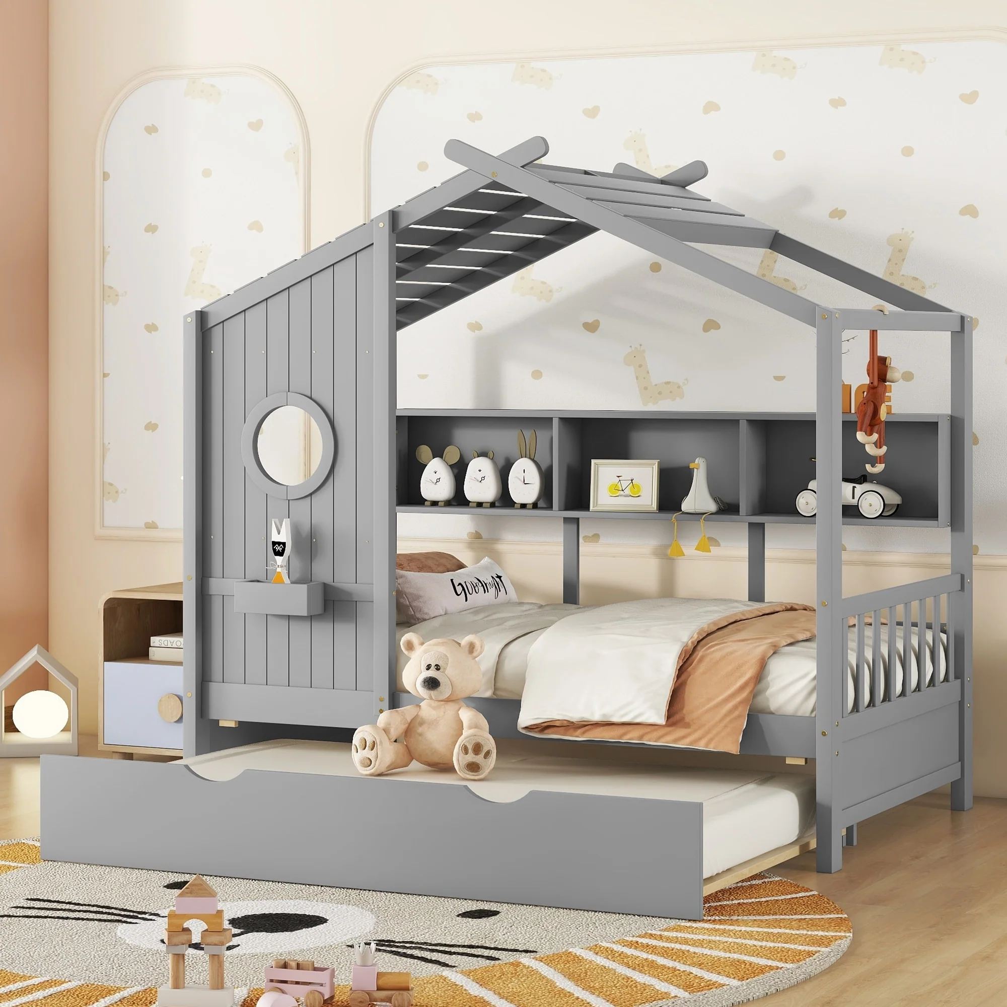 Charming Twin House Bed with Trundle, Roof Design, and Shelves for Kids