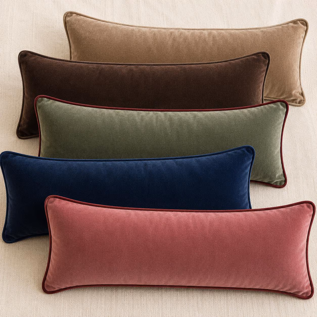 Extra Long Velvet Lumbar Pillow Cover with Contrast Piping, Custom Size for Bed