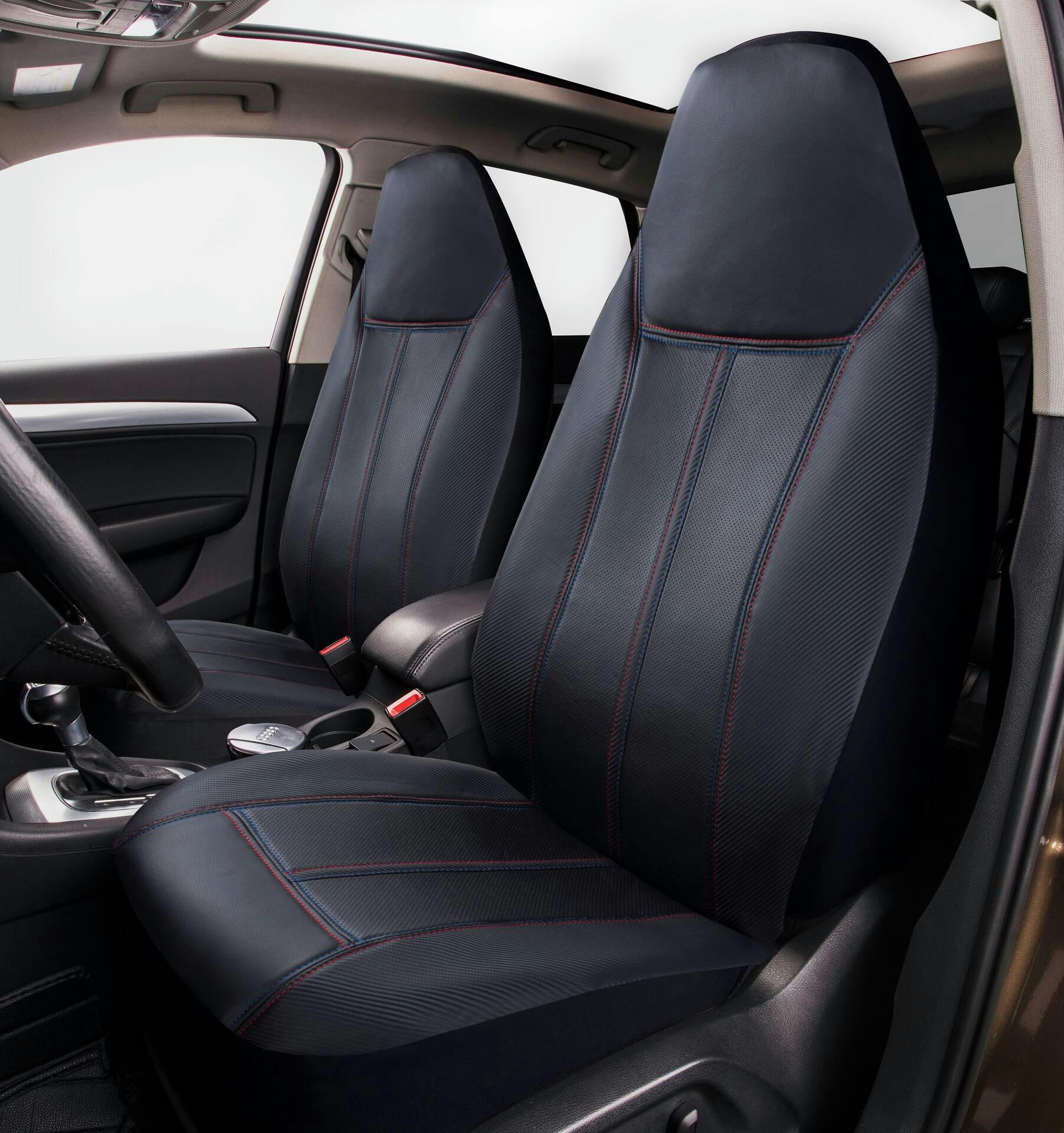 AutoTrends Carbon Fibre Faux Leather Sport Seat Cover, Black with Red & Blue Stitching, 2-pk