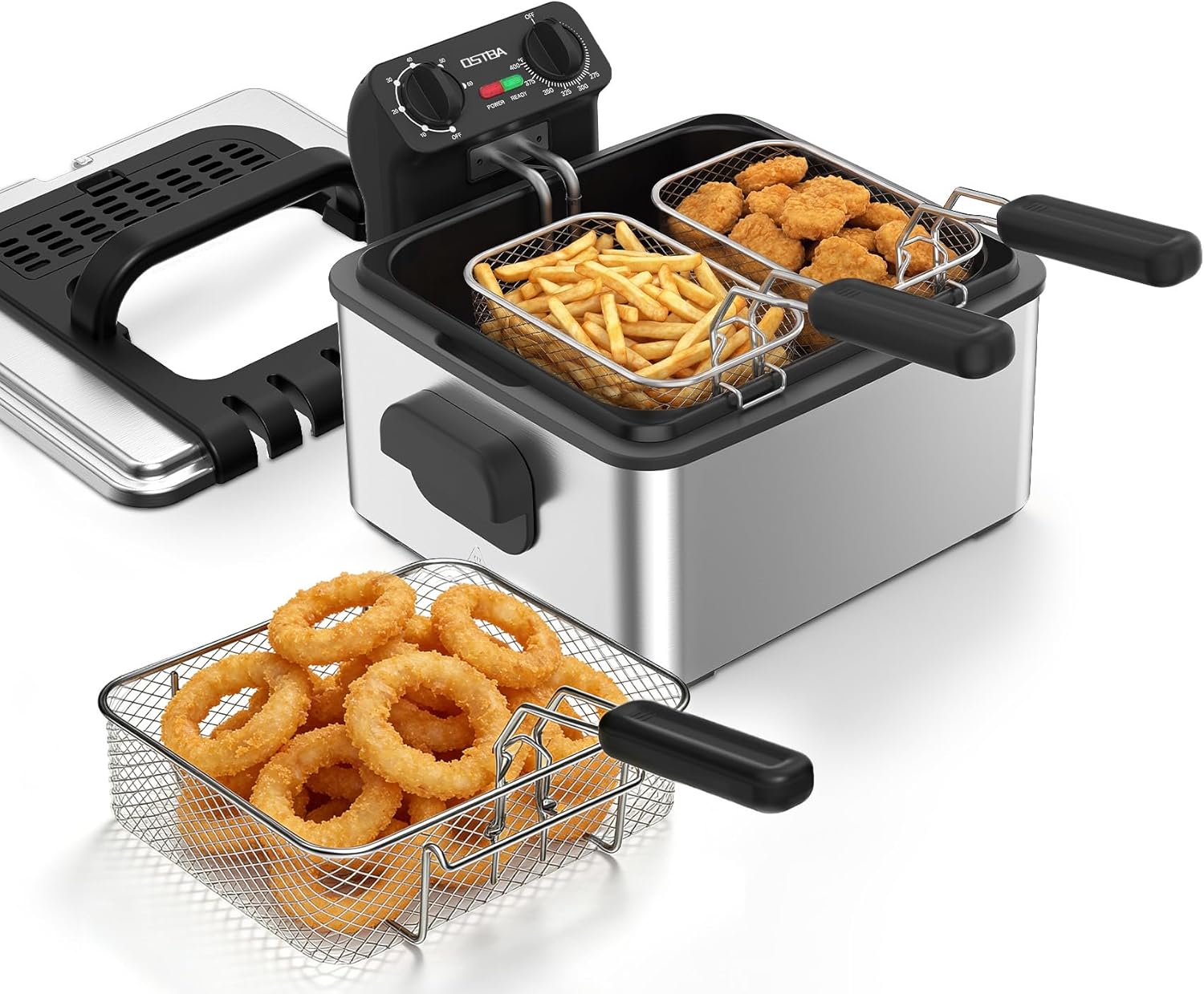 OSTBA Electric Deep Fryer with 3 Baskets, 1700W Stainless Steel Oil Fryer, 4.75QT Countertop Fryer with Adjustable Temperature, Viewing Window, Odor Filter & Removable Oil Container